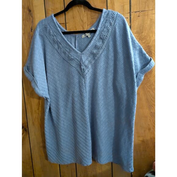 Absolutely Famous Top Shirt Tunic Plus Size 3X Blue Lattice Work Neck Stretch - Picture 1 of 5